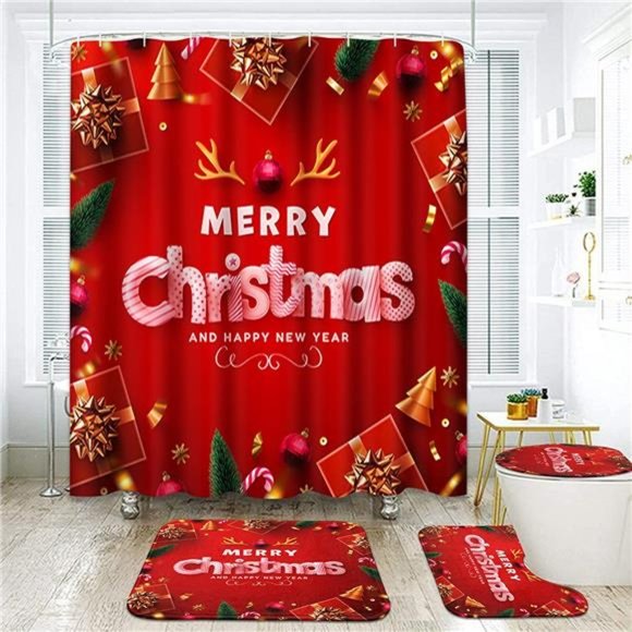 4 Pcs Merry Christmas Bathroom Sets with Shower Curtain and Rugs and Accessories - Picture 2 of 6